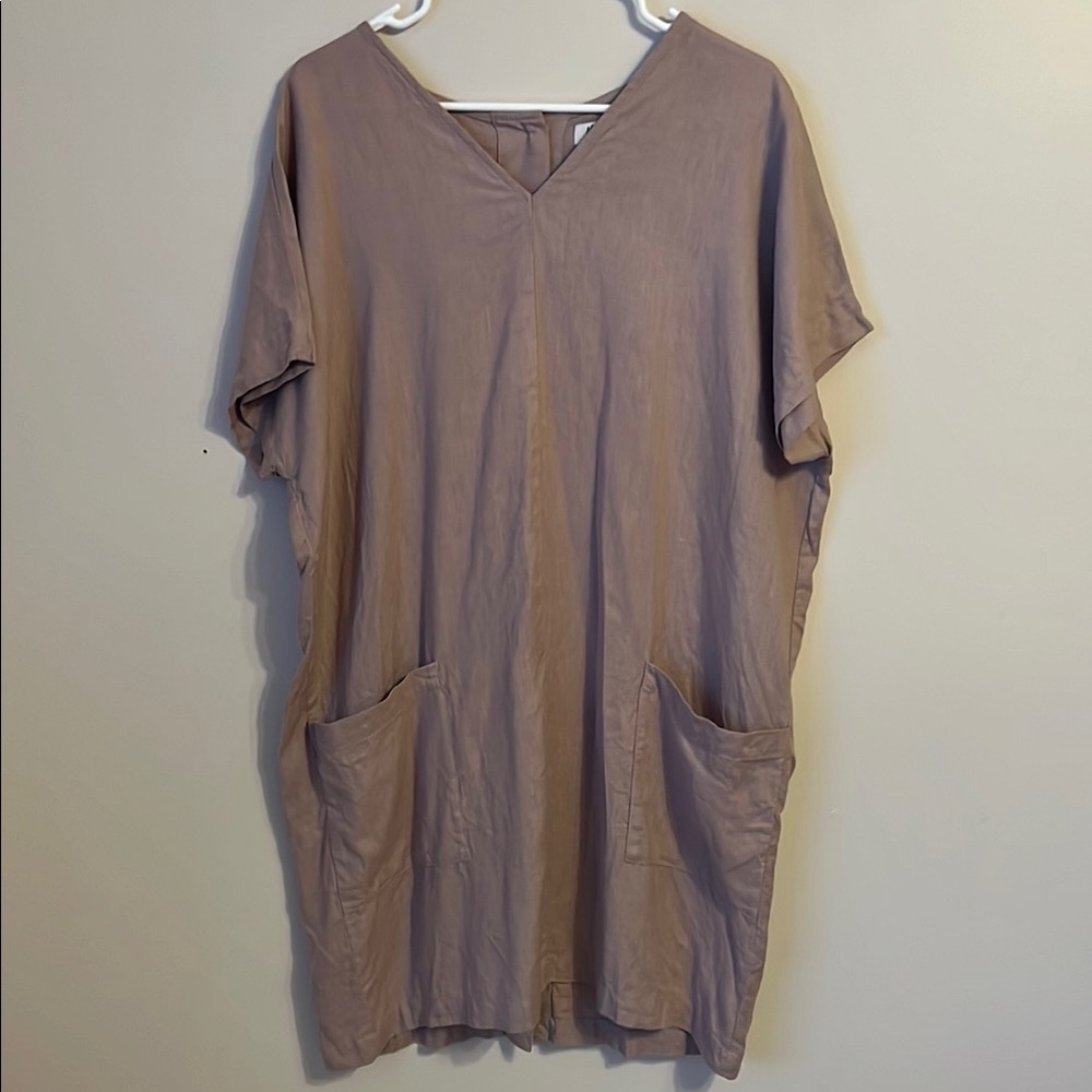 Elegant Taupe Linen V-Neck Dress XL